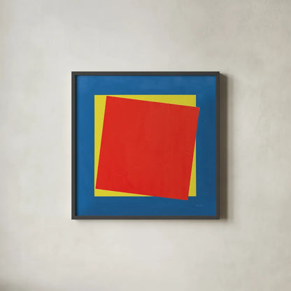 Geo Core Bright Primary by Avery Tillmon. Shown in a sleek black glass frame for a contemporary gallery look. Available as an archival giclee rolled canvas, fine art paper, or poster print. SKU 82314a.