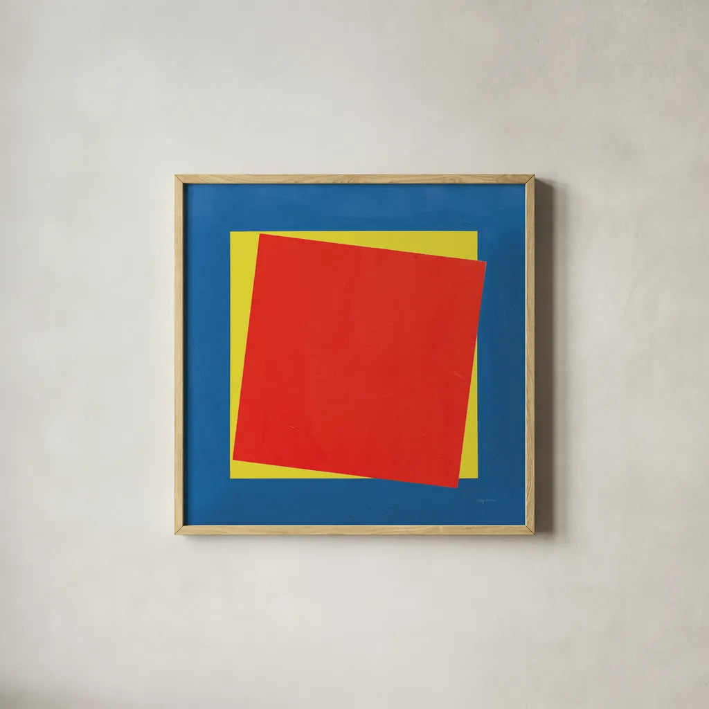 Geo Core Bright Primary by Avery Tillmon. Shown in a natural wood glass frame for a timeless modern aesthetic. Available as an archival giclee rolled canvas, fine art paper, or poster print. SKU 82314a.