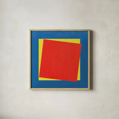 Geo Core Bright Primary by Avery Tillmon. Shown in a natural wood glass frame for a timeless modern aesthetic. Available as an archival giclee rolled canvas, fine art paper, or poster print. SKU 82314a.