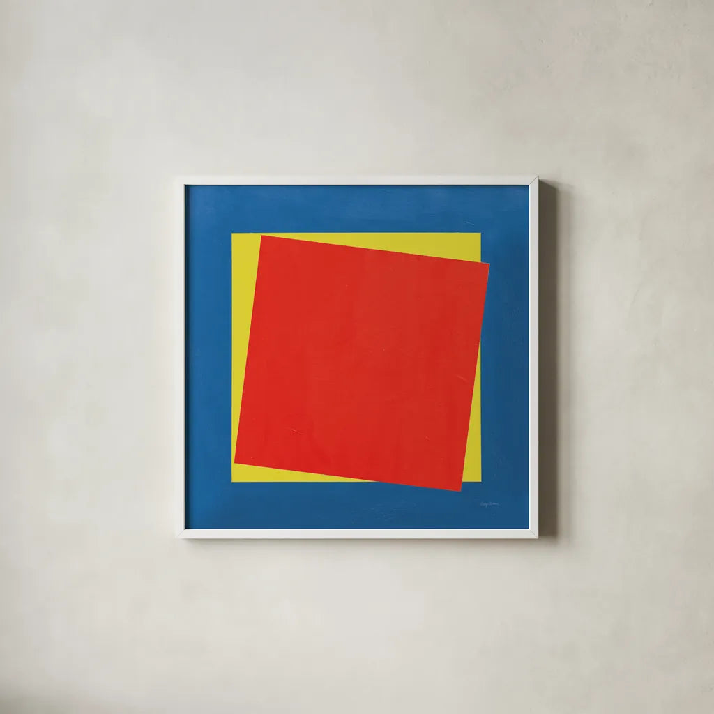 Geo Core Bright Primary by Avery Tillmon. Shown in a crisp white glass frame for a clean and minimalist style. Available as an archival giclee rolled canvas, fine art paper, or poster print. SKU 82314a.