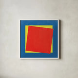 Geo Core Bright Primary by Avery Tillmon. Shown in a crisp white glass frame for a clean and minimalist style. Available as an archival giclee rolled canvas, fine art paper, or poster print. SKU 82314a.