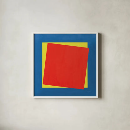 Geo Core Bright Primary by Avery Tillmon. Shown in a crisp white glass frame for a clean and minimalist style. Available as an archival giclee rolled canvas, fine art paper, or poster print. SKU 82314a.