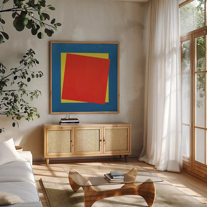 Geo Core Bright Primary by Avery Tillmon. Shown in a natural wood frame in a cozy modern living room. Available as an archival giclee rolled canvas, fine art paper, or poster print. SKU 82314a.