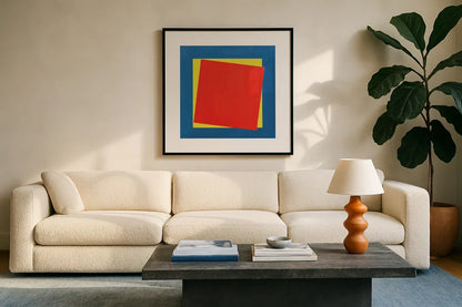 Geo Core Bright Primary by Avery Tillmon. Displayed in a glass frame with matte in a clean modern living room. Available as an archival giclee rolled canvas, fine art paper, or poster print. SKU 82314a.