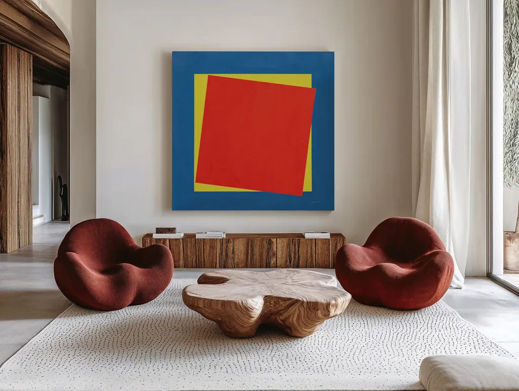 Geo Core Bright Primary by Avery Tillmon. Shown as extra-large giant wall art in a modern living room. Available as an archival giclee rolled canvas, fine art paper, or poster print. SKU 82314a.