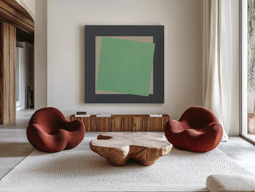 Geo Core Green by Avery Tillmon. Shown as extra-large giant wall art in a modern living room. Available as an archival giclee rolled canvas, fine art paper, or poster print. SKU 79770a.