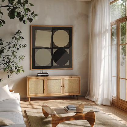 Geo Natural by Avery Tillmon. Shown in a natural wood frame in a cozy modern living room. Available as an archival giclee rolled canvas, fine art paper, or poster print. SKU 30455a.