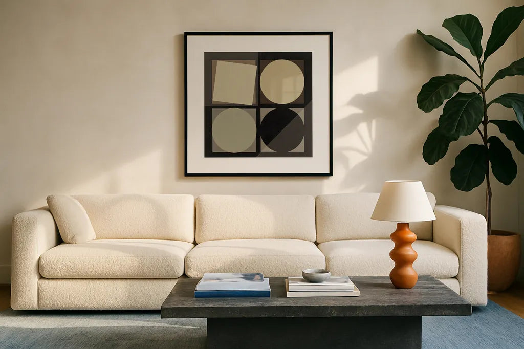 Geo Natural by Avery Tillmon. Displayed in a glass frame with matte in a clean modern living room. Available as an archival giclee rolled canvas, fine art paper, or poster print. SKU 30455a.