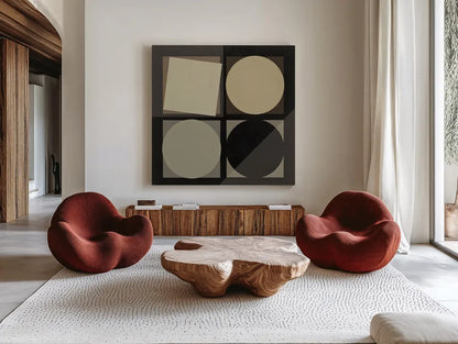 Geo Natural by Avery Tillmon. Shown as extra-large giant wall art in a modern living room. Available as an archival giclee rolled canvas, fine art paper, or poster print. SKU 30455a.