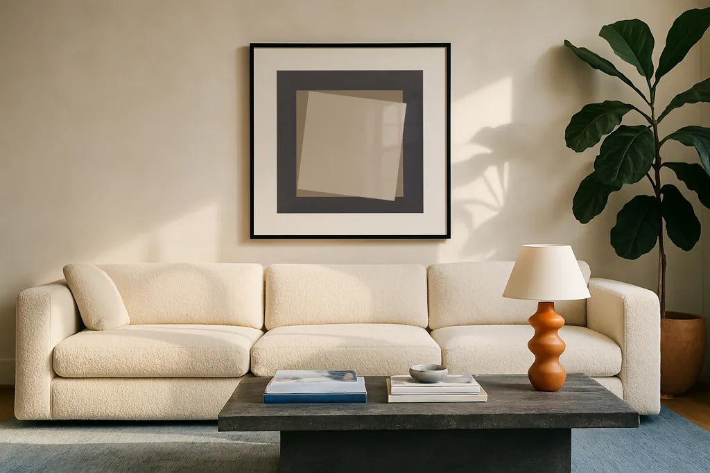 Geo Natural Core by Avery Tillmon. Displayed in a glass frame with matte in a clean modern living room. Available as an archival giclee rolled canvas, fine art paper, or poster print. SKU 68393a.