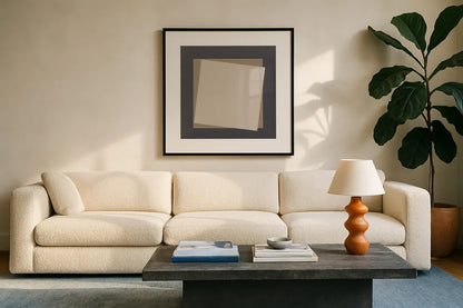 Geo Natural Core by Avery Tillmon. Displayed in a glass frame with matte in a clean modern living room. Available as an archival giclee rolled canvas, fine art paper, or poster print. SKU 68393a.