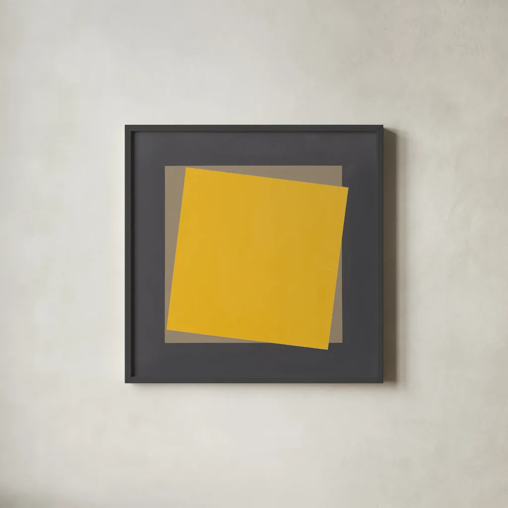 Geo Natural Core Yellow by Avery Tillmon. Shown in a sleek black glass frame for a contemporary gallery look. Available as an archival giclee rolled canvas, fine art paper, or poster print. SKU 74398a.