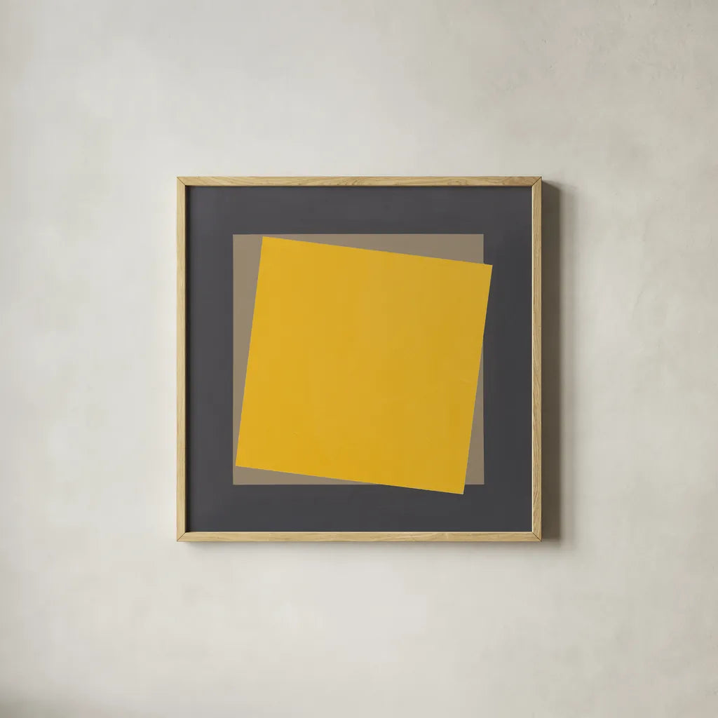 Geo Natural Core Yellow by Avery Tillmon. Shown in a natural wood glass frame for a timeless modern aesthetic. Available as an archival giclee rolled canvas, fine art paper, or poster print. SKU 74398a.