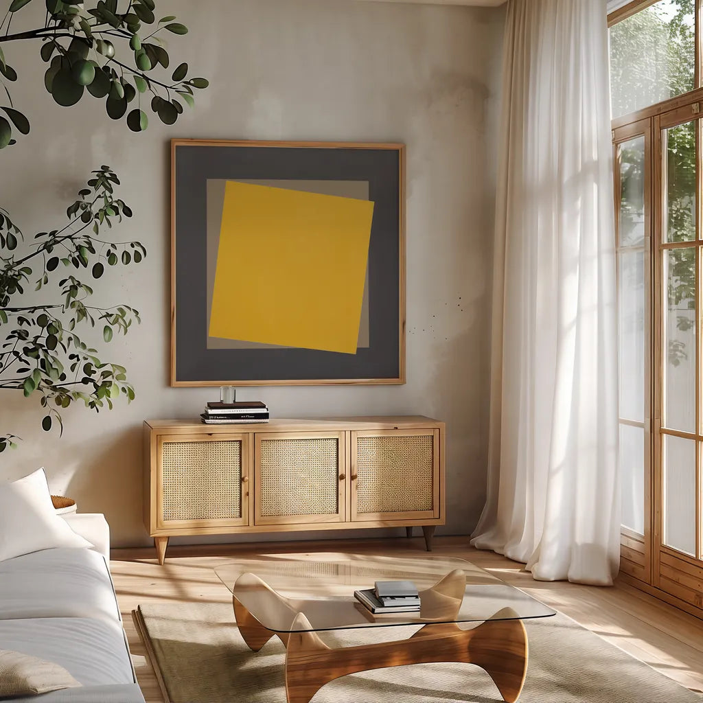 Geo Natural Core Yellow by Avery Tillmon. Shown in a natural wood frame in a cozy modern living room. Available as an archival giclee rolled canvas, fine art paper, or poster print. SKU 74398a.
