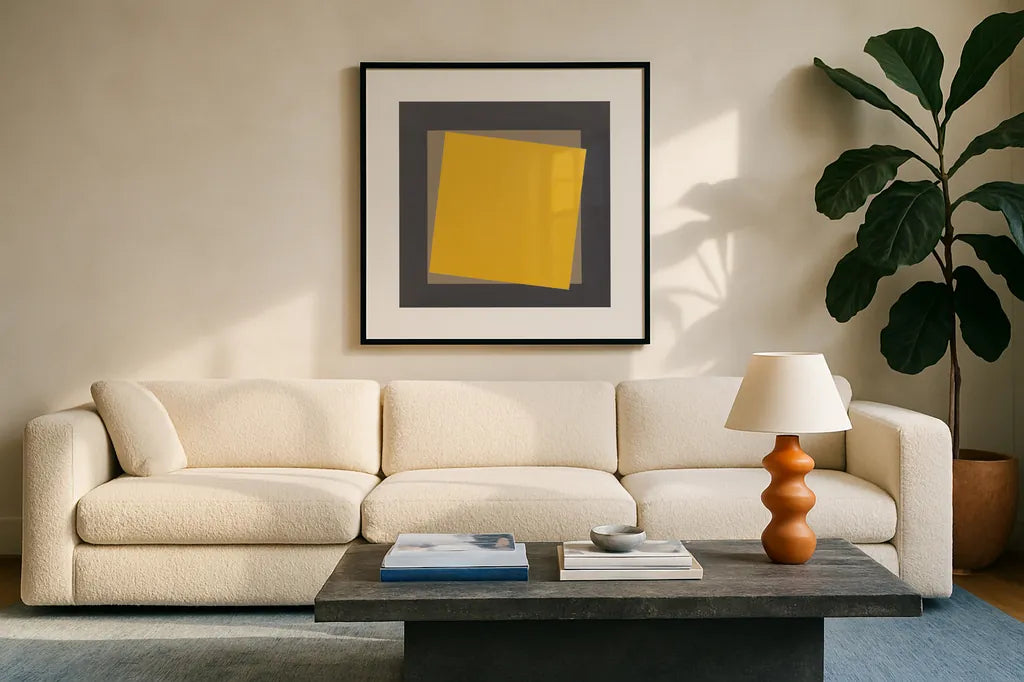 Geo Natural Core Yellow by Avery Tillmon. Displayed in a glass frame with matte in a clean modern living room. Available as an archival giclee rolled canvas, fine art paper, or poster print. SKU 74398a.