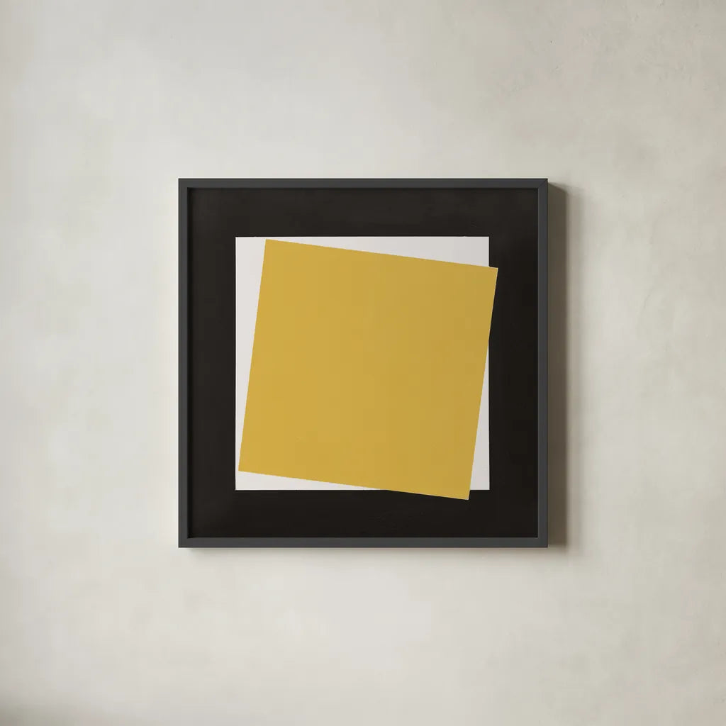Geo Natural Core Yellow Crosby by Avery Tillmon. Shown in a sleek black glass frame for a contemporary gallery look. Available as an archival giclee rolled canvas, fine art paper, or poster print. SKU 87984a.