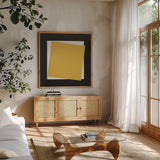 Geo Natural Core Yellow Crosby by Avery Tillmon. Shown in a natural wood frame in a cozy modern living room. Available as an archival giclee rolled canvas, fine art paper, or poster print. SKU 87984a.