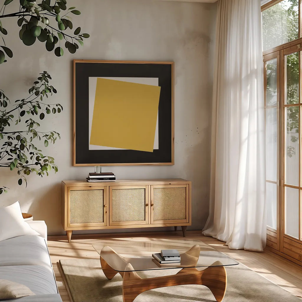 Geo Natural Core Yellow Crosby by Avery Tillmon. Shown in a natural wood frame in a cozy modern living room. Available as an archival giclee rolled canvas, fine art paper, or poster print. SKU 87984a.