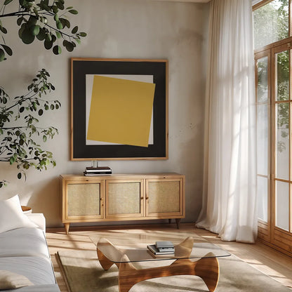 Geo Natural Core Yellow Crosby by Avery Tillmon. Shown in a natural wood frame in a cozy modern living room. Available as an archival giclee rolled canvas, fine art paper, or poster print. SKU 87984a.