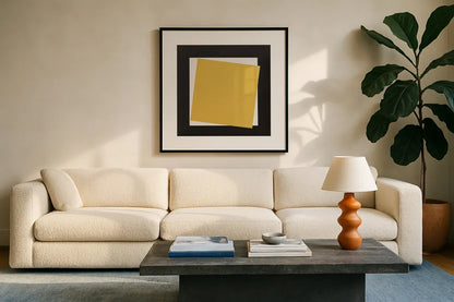 Geo Natural Core Yellow Crosby by Avery Tillmon. Displayed in a glass frame with matte in a clean modern living room. Available as an archival giclee rolled canvas, fine art paper, or poster print. SKU 87984a.