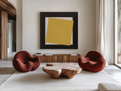 Geo Natural Core Yellow Crosby by Avery Tillmon. Shown as extra-large giant wall art in a modern living room. Available as an archival giclee rolled canvas, fine art paper, or poster print. SKU 87984a.