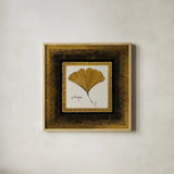 Gilded Ginkgo by Avery Tillmon. Shown in a natural wood glass frame for a timeless modern aesthetic. Available as an archival giclee rolled canvas, fine art paper, or poster print. SKU 8571a.
