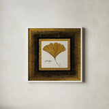 Gilded Ginkgo by Avery Tillmon. Shown in a crisp white glass frame for a clean and minimalist style. Available as an archival giclee rolled canvas, fine art paper, or poster print. SKU 8571a.