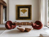Gilded Ginkgo by Avery Tillmon. Shown as extra-large giant wall art in a modern living room. Available as an archival giclee rolled canvas, fine art paper, or poster print. SKU 8571a.