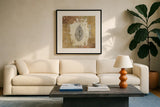 Gilded Leaf III by Avery Tillmon. Displayed in a glass frame with matte in a clean modern living room. Available as an archival giclee rolled canvas, fine art paper, or poster print. SKU 17831a.