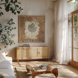 Gilded Leaf V by Avery Tillmon. Shown in a natural wood frame in a cozy modern living room. Available as an archival giclee rolled canvas, fine art paper, or poster print. SKU 17832a.