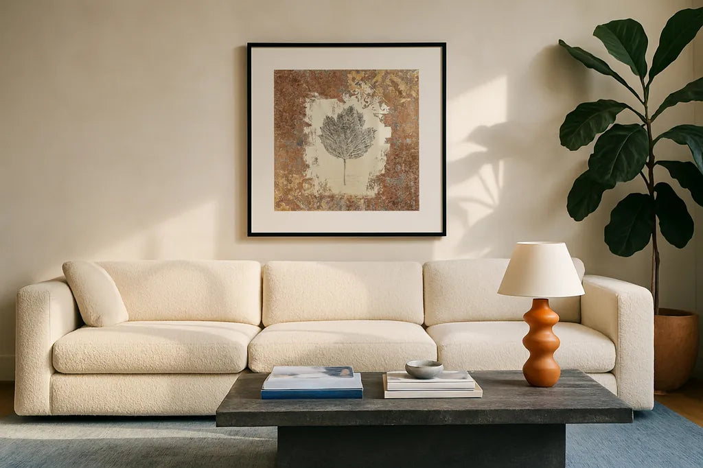 Gilded Leaf V by Avery Tillmon. Displayed in a glass frame with matte in a clean modern living room. Available as an archival giclee rolled canvas, fine art paper, or poster print. SKU 17832a.
