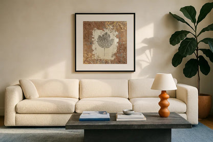 Gilded Leaf V by Avery Tillmon. Displayed in a glass frame with matte in a clean modern living room. Available as an archival giclee rolled canvas, fine art paper, or poster print. SKU 17832a.