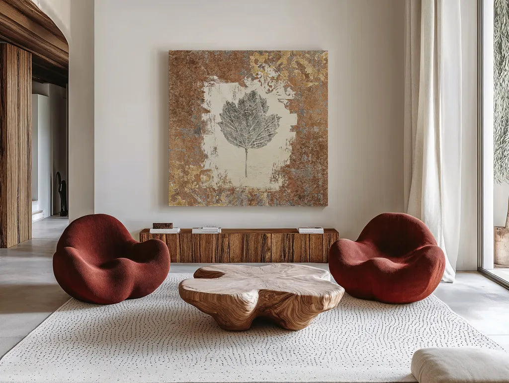 Gilded Leaf V by Avery Tillmon. Shown as extra-large giant wall art in a modern living room. Available as an archival giclee rolled canvas, fine art paper, or poster print. SKU 17832a.