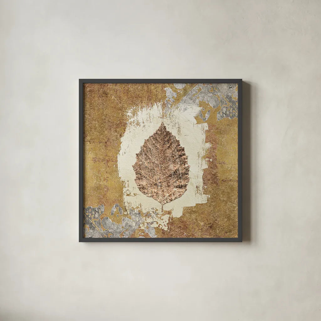 Gilded Leaf VI by Avery Tillmon. Shown in a sleek black glass frame for a contemporary gallery look. Available as an archival giclee rolled canvas, fine art paper, or poster print. SKU 17833a.