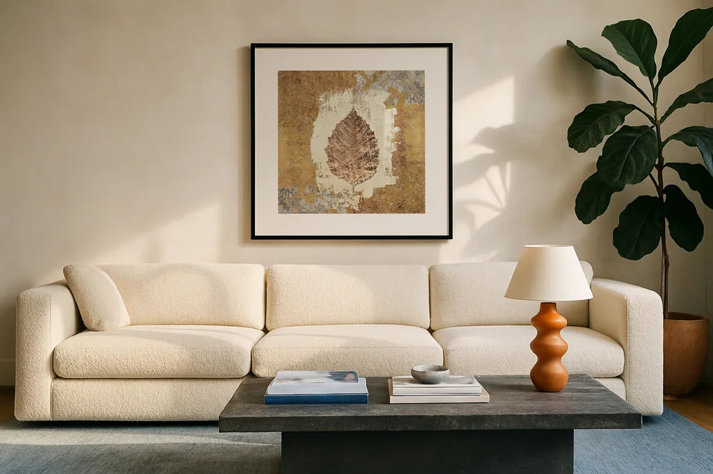 Gilded Leaf VI by Avery Tillmon. Displayed in a glass frame with matte in a clean modern living room. Available as an archival giclee rolled canvas, fine art paper, or poster print. SKU 17833a.
