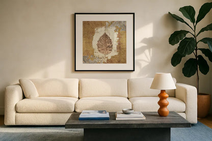 Gilded Leaf VI by Avery Tillmon. Displayed in a glass frame with matte in a clean modern living room. Available as an archival giclee rolled canvas, fine art paper, or poster print. SKU 17833a.