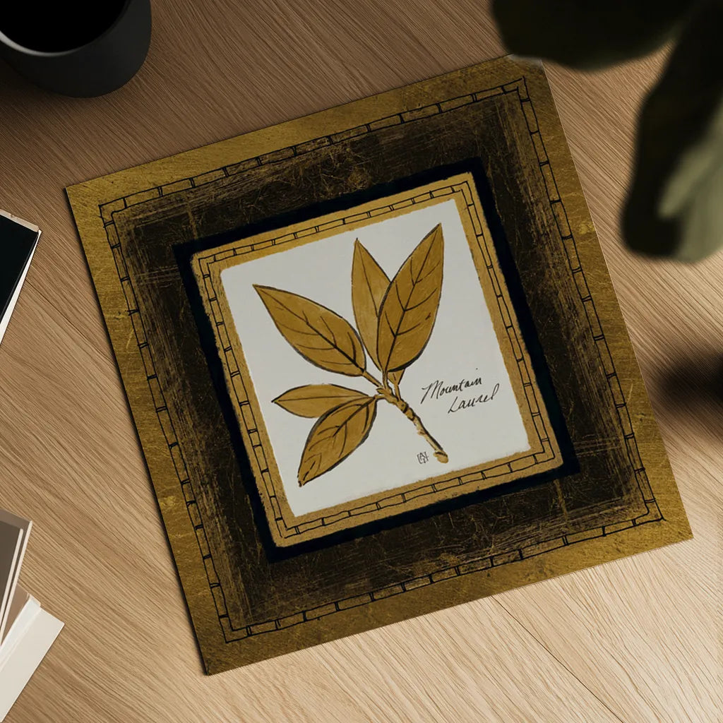 Gilded Mountain Laurel by Avery Tillmon. Shown as a detailed flat fine art print, highlighting archival giclee quality. Available as an archival giclee rolled canvas, fine art paper, or poster print. SKU 8572a.