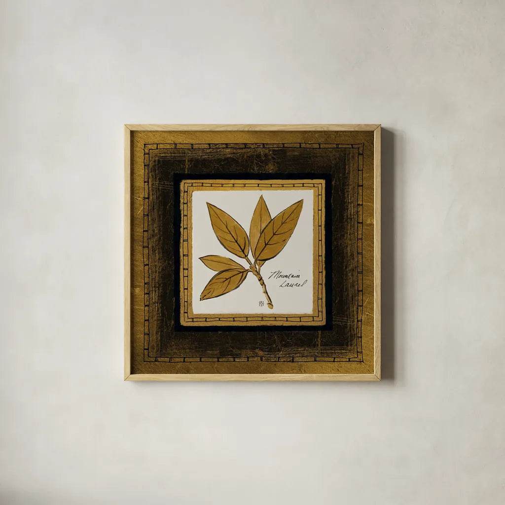 Gilded Mountain Laurel by Avery Tillmon. Shown in a natural wood glass frame for a timeless modern aesthetic. Available as an archival giclee rolled canvas, fine art paper, or poster print. SKU 8572a.