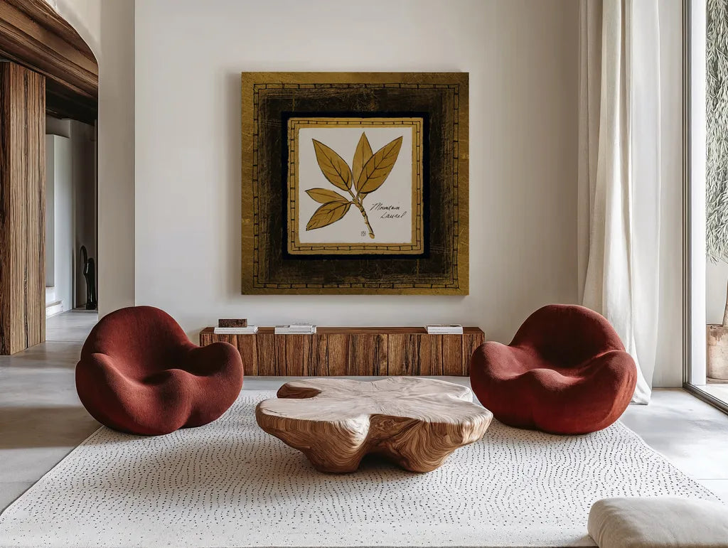Gilded Mountain Laurel by Avery Tillmon. Shown as extra-large giant wall art in a modern living room. Available as an archival giclee rolled canvas, fine art paper, or poster print. SKU 8572a.