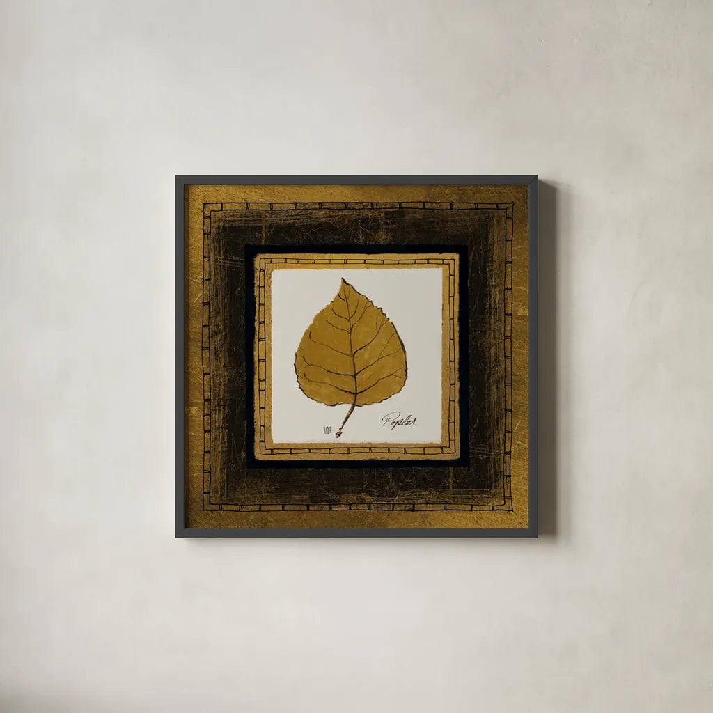 Gilded Poplar by Avery Tillmon. Shown in a sleek black glass frame for a contemporary gallery look. Available as an archival giclee rolled canvas, fine art paper, or poster print. SKU 8573a.