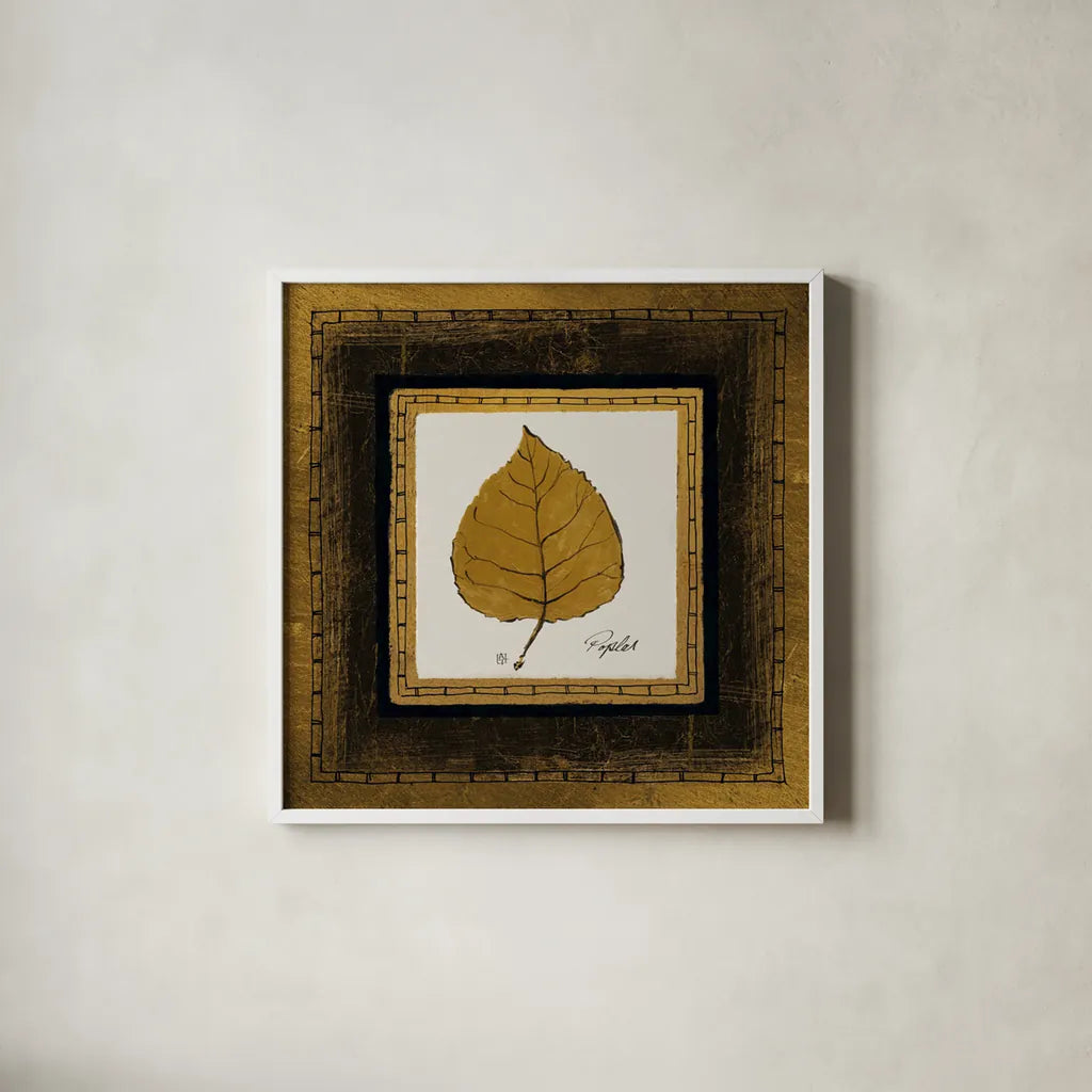 Gilded Poplar by Avery Tillmon. Shown in a crisp white glass frame for a clean and minimalist style. Available as an archival giclee rolled canvas, fine art paper, or poster print. SKU 8573a.