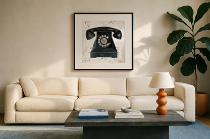 Graffiti Telephone by Avery Tillmon. Displayed in a glass frame with matte in a clean modern living room. Available as an archival giclee rolled canvas, fine art paper, or poster print. SKU 72773a.