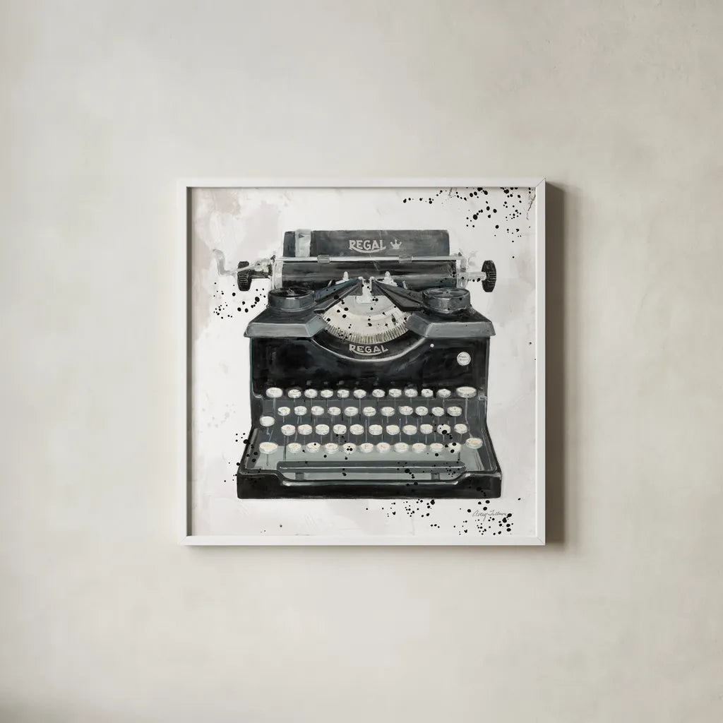 Graffiti Typewriter by Avery Tillmon. Shown in a crisp white glass frame for a clean and minimalist style. Available as an archival giclee rolled canvas, fine art paper, or poster print. SKU 72774a.