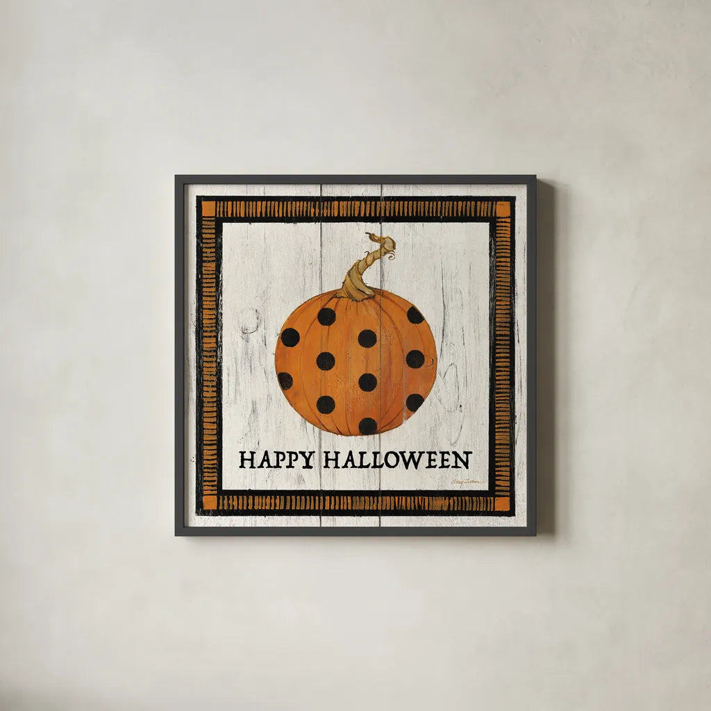 Happy Halloween Pumpkin by Avery Tillmon. Shown in a sleek black glass frame for a contemporary gallery look. Available as an archival giclee rolled canvas, fine art paper, or poster print. SKU 57886a.