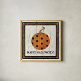 Happy Halloween Pumpkin by Avery Tillmon. Shown in a natural wood glass frame for a timeless modern aesthetic. Available as an archival giclee rolled canvas, fine art paper, or poster print. SKU 57886a.