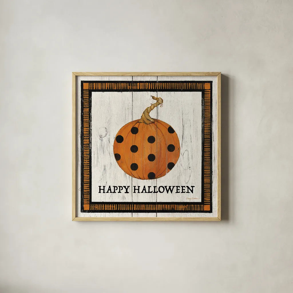Happy Halloween Pumpkin by Avery Tillmon. Shown in a natural wood glass frame for a timeless modern aesthetic. Available as an archival giclee rolled canvas, fine art paper, or poster print. SKU 57886a.