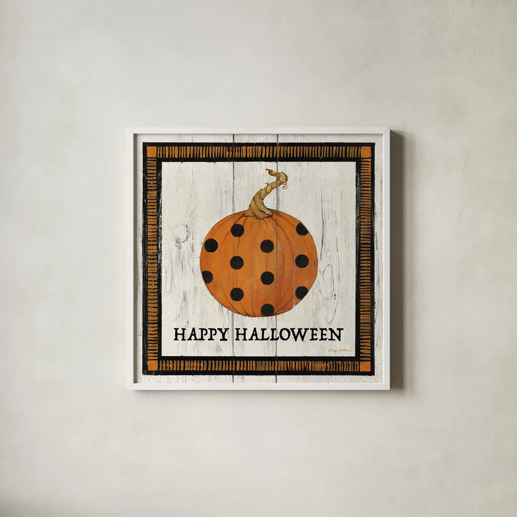 Happy Halloween Pumpkin by Avery Tillmon. Shown in a crisp white glass frame for a clean and minimalist style. Available as an archival giclee rolled canvas, fine art paper, or poster print. SKU 57886a.