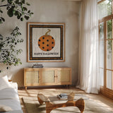 Happy Halloween Pumpkin by Avery Tillmon. Shown in a natural wood frame in a cozy modern living room. Available as an archival giclee rolled canvas, fine art paper, or poster print. SKU 57886a.