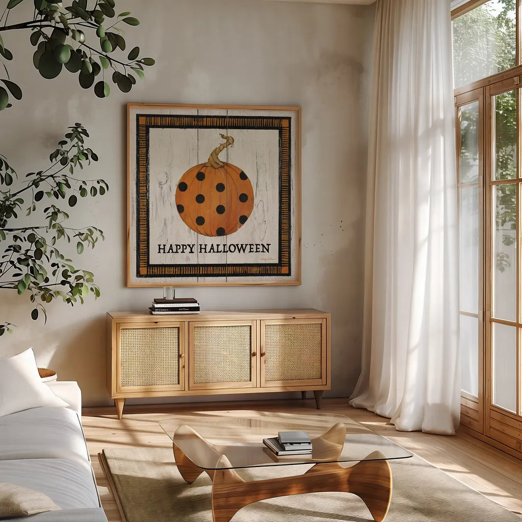Happy Halloween Pumpkin by Avery Tillmon. Shown in a natural wood frame in a cozy modern living room. Available as an archival giclee rolled canvas, fine art paper, or poster print. SKU 57886a.