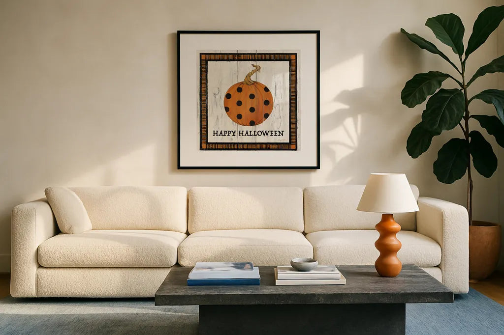 Happy Halloween Pumpkin by Avery Tillmon. Displayed in a glass frame with matte in a clean modern living room. Available as an archival giclee rolled canvas, fine art paper, or poster print. SKU 57886a.